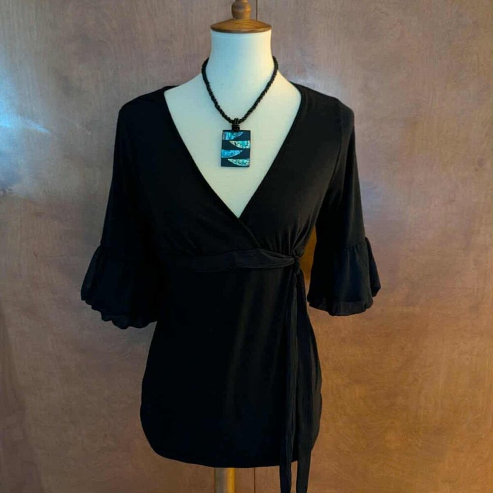 SOLD! Y2K Black plunging V-neck blouse w/sheer, small bell cuffs.